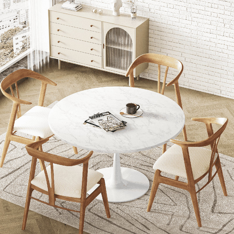 Indars Round Metal Base Dining Table, White, 31.5" W x 31.5" L