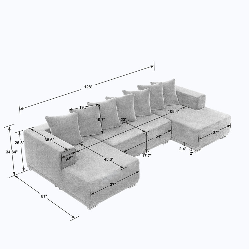 Chenille Sectional Sofa, 35.43" H x 128" W x 61.02" D, Blue Chenille