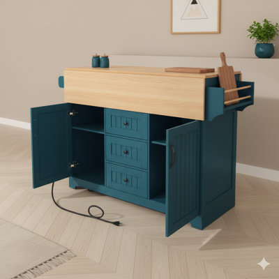 55.7-Inch Large Kitchen Island Equipped with 2 Drop-Leaf Panels, 5-Wheel Rolling Cart, Power Outlet, Folding Dining Storage Table with Spice and Towel Racks, 3 Drawers – Green Finish