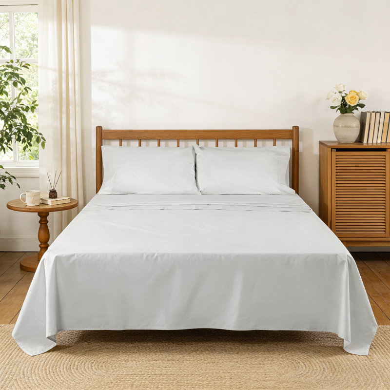 Ensemble de draps 100% coton 250 TC Percale, Ensemble de draps pour grand lit avec 2 taies d'or, Gris tourterelle