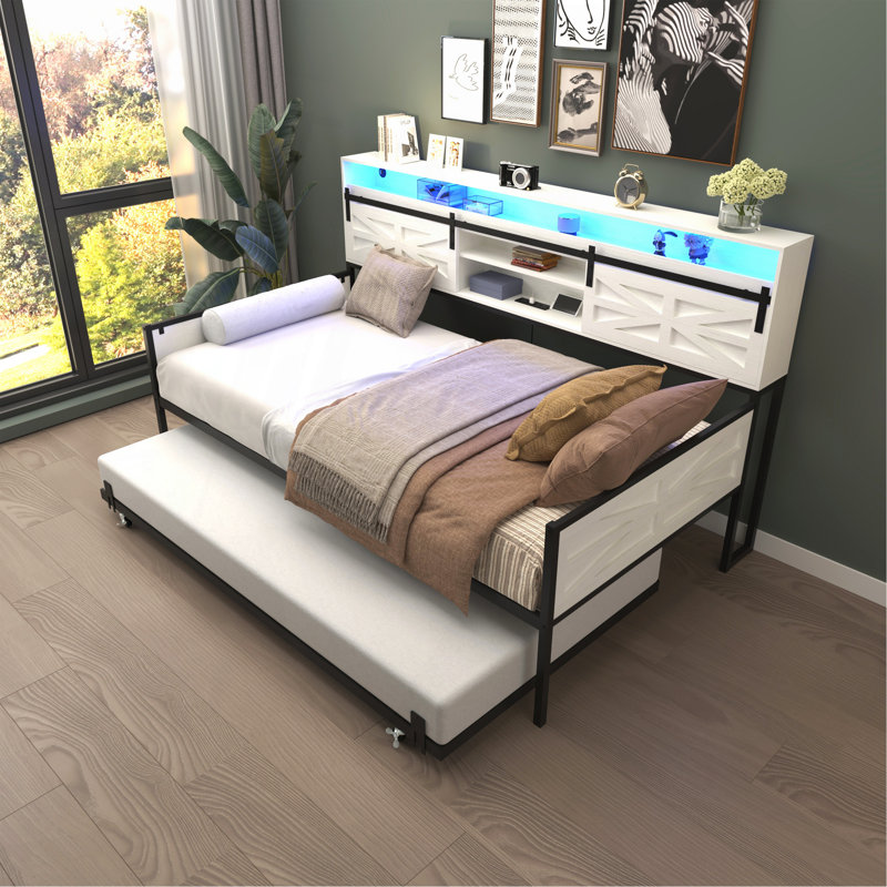Twin Daybed With Trundle, Farmhouse Daybed Frame With Sliding Barn Door Headboard And Charging Station & LED Light For Bedroom And Guest Room, White