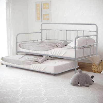 Twin Metal Daybed With Trundle, Silver Contemporary Finish, Full Design, Pipe - Inspired Build 1pc Framework, Style, Structure