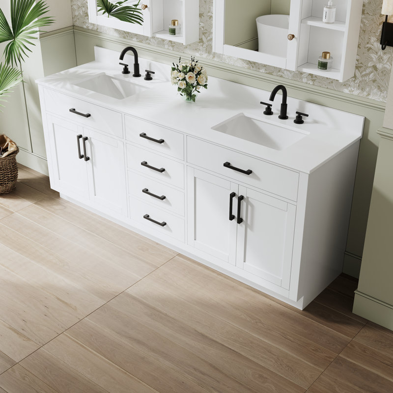 Meuble-lavabo autoportant en bois massif l 80 po x H 35 po avec comptoir en marbre de culture blanc et double lavabo en céramique, blanc