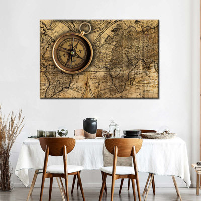 «Brass Compass on World Map» - reproduction d'art sur toile tendue