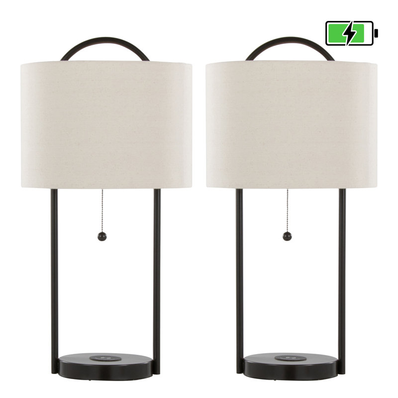 Lehn 28" Contemporary Metal Table Lamp with Wireless Charging in Oil Bronze and Natural Linen Shade - Set of 2