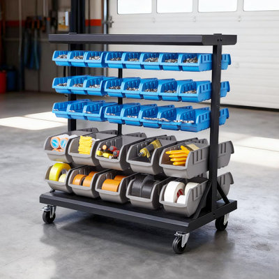 5-Tier Double-Sided Rolling Bin Storage Rack, 68 Organizer Bins, Dual-Sided Parts Organizer with Wheels, Mobile Tool Organizer Plastic Bins for Garage, Warehouse, Office, Restaurant, Classroom