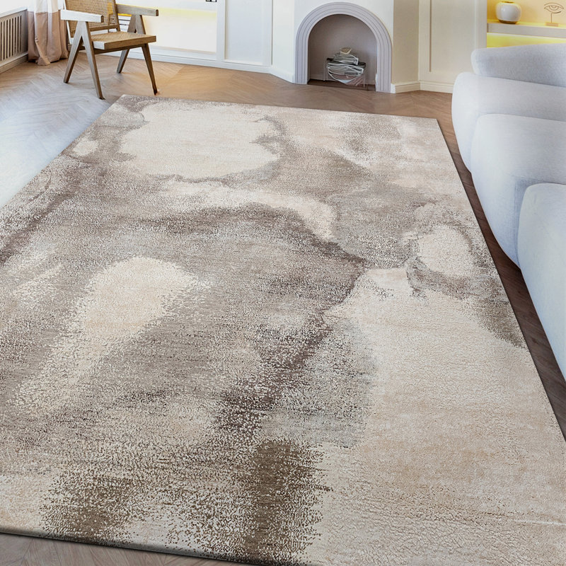 High-Quality Hand-Knotted Beige And Taupe Area Rug, Rectangle 9' x 12'