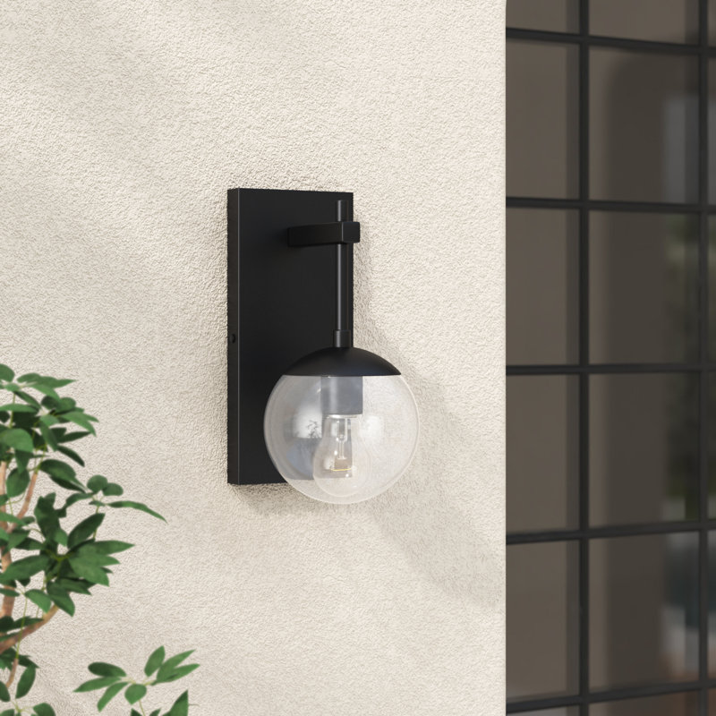 Davidson 12 in. H 1-Light Matte Black Contemporary Outdoor Wall Sconce made of Durable Metal, Clear Glass Globe Shade, LED Compatible, Use for Exterior Porch Patio Front Door or Garage