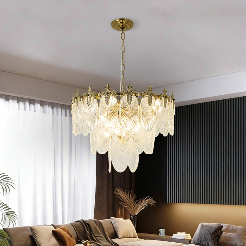 Lustre en verre transparent à 23 couches de 23,6 pouces de style lustre en fer doré à 8 têtes pour salon de luxe
