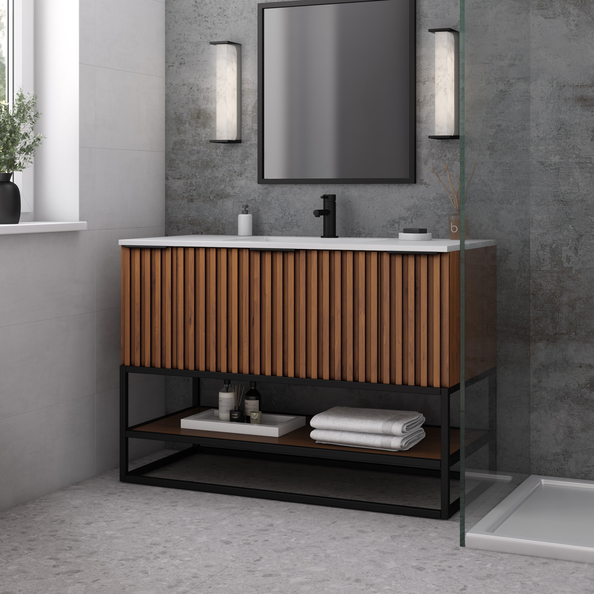 Terra 48'' Single Bathroom Vanity, Walnut, Calacatta Quartz/Widespread Faucet Mount, Matte Black