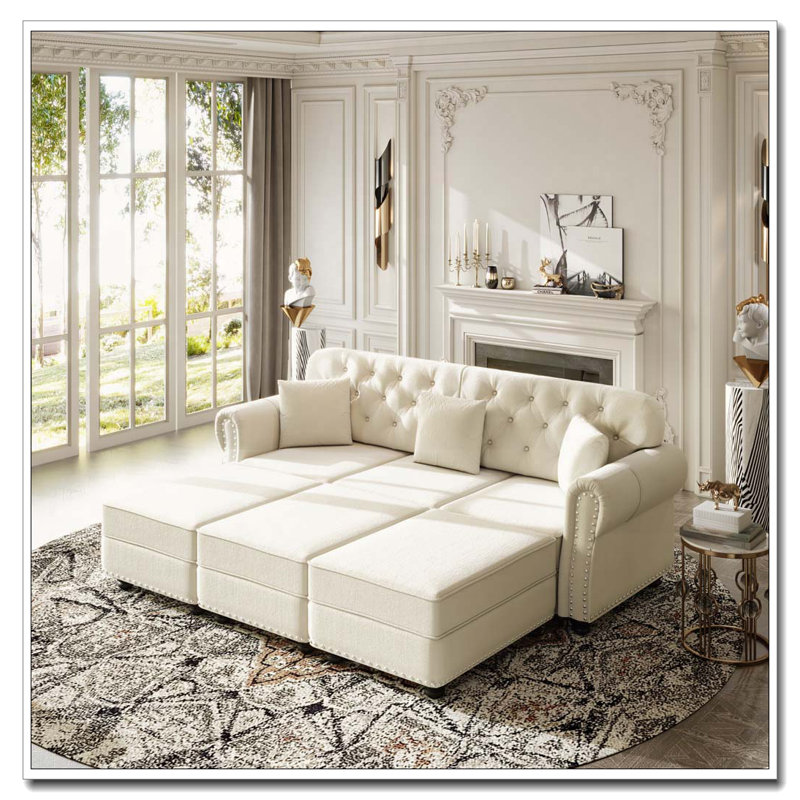 Canapé rembourré en velours avec garniture cloutée et accoudoirs roulés, 3+3, Beige et blanc