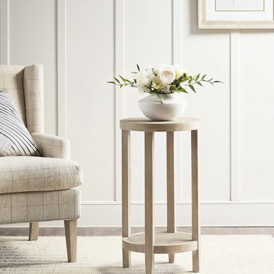 Table d'appoint ronde avec plateau en placage de frêne de 28 po de diamètre et de 28 po de hauteur, pieds en bois massif au fini bois de blé récupéré, tablette de canne pour la décoration de la cuisine, grande table d'assemblage nécessaire, surface, pieds