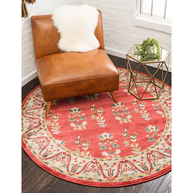 Tapis géométrique rouge / gris / olive Lela, Rond 6 pi
