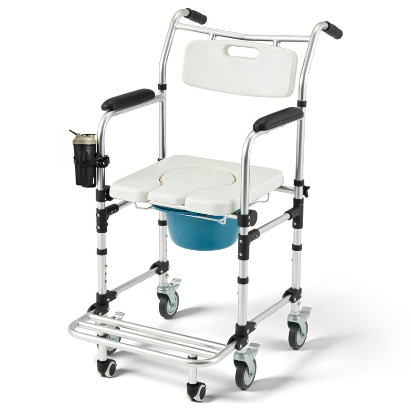 4-In-1 Bedside Commode Shower Wheelchair For Seniors And Disabled - Lockable Wheels, Detachable Bucket, Padded Seat And Armrests, Flip-Up Footrest, White