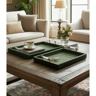 Stylish Accent Tray With Stone And Metal Handles - Decorative Ottoman Tray For Console Tables Or Home Decor - Set Of 2, 20", Green
