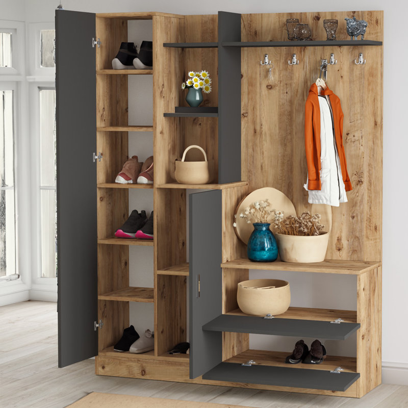 Arbre d'entrée Wendal de 55 po de largeur avec rangement pour chaussures, Bois de pin de l'Atlantique / anthracite