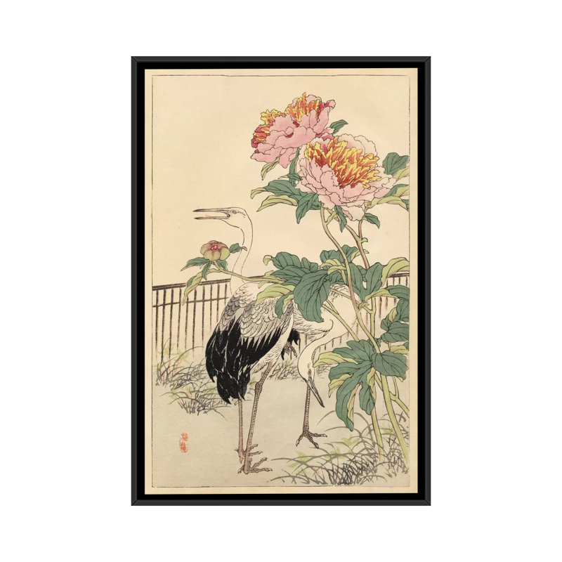 «Crane and Peony», reproduction d'art sur toile, H 48 po x l 32 po x P 1,5 po, Toile avec cadre noir, Pas de tapis