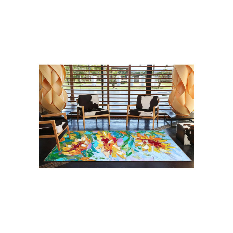 Machine Washable Sunflower Colorful Patterned Woven Base Rug, Runner 2'6" x 9'10" Rug Pad Included