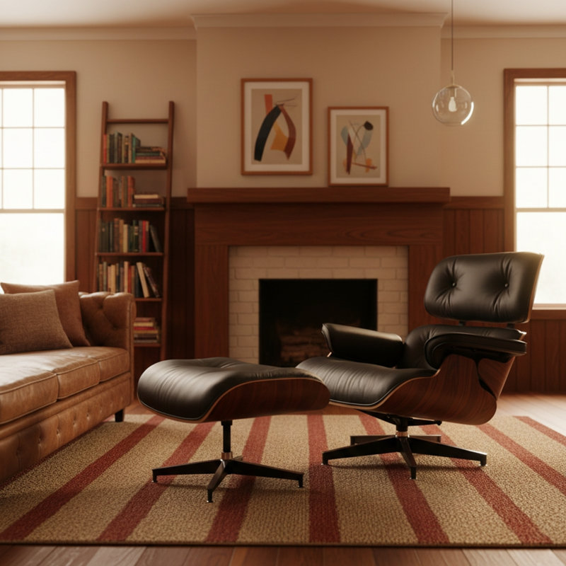 Fauteuil d'appoint avec repose-pieds, fauteuil lounge pivotant en cuir de style milieu du siècle pour le salon, fauteuil de lecture inclinable en cuir véritable avec dossier ergonomique