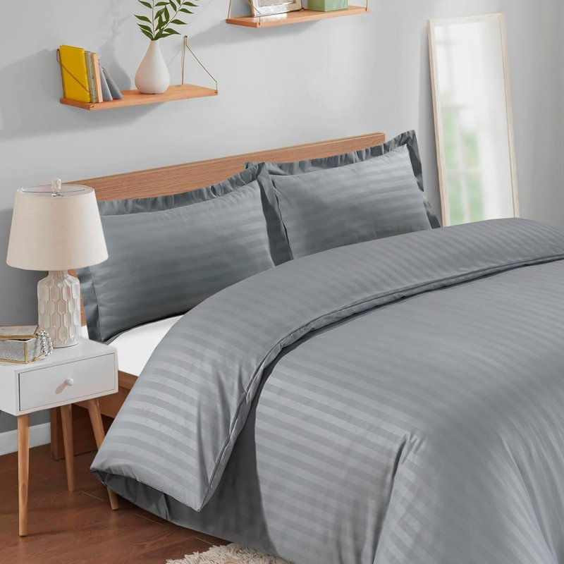 Neacsu Microfiber Striped Duvet Cover Set with Pillowcases Included, Silver, Double Duvet Cover + 2 Standard Pillowcases
