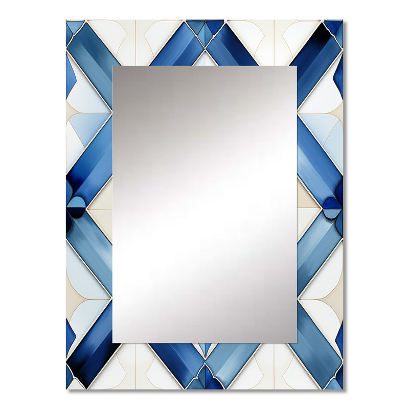 Carreaux bleus et blancs - grand miroir géométrique, décor de miroir mural moderne unique, impression d'art en métal