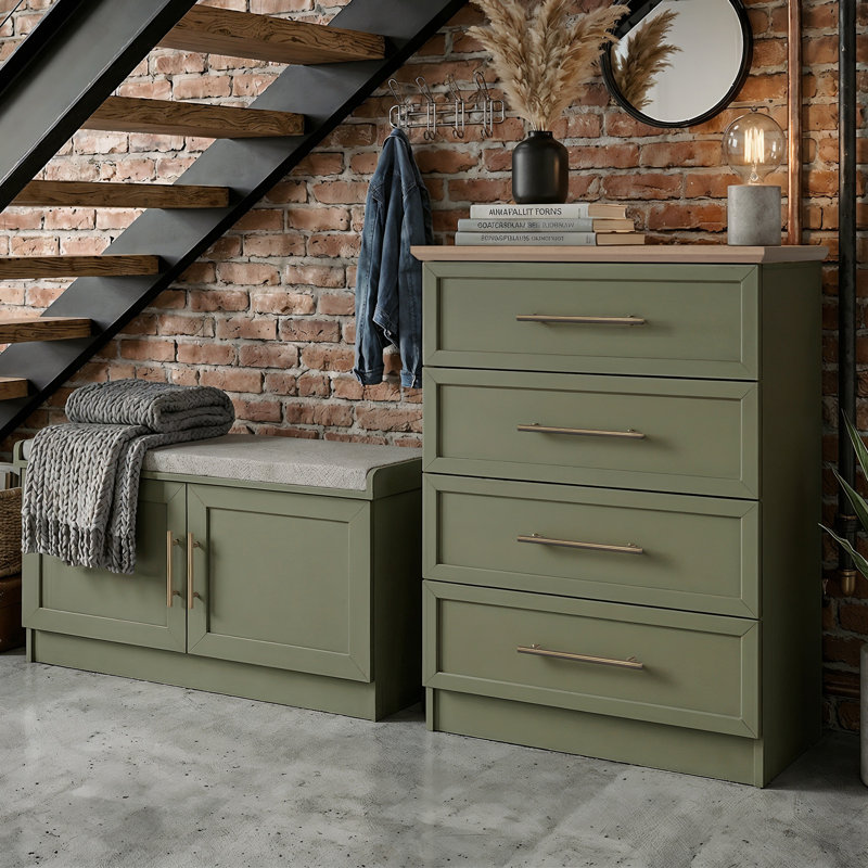 Arata Hallway Shoe Storage Bench With 4 Drawer Dresser Living or Bedroom Set, Kale Green