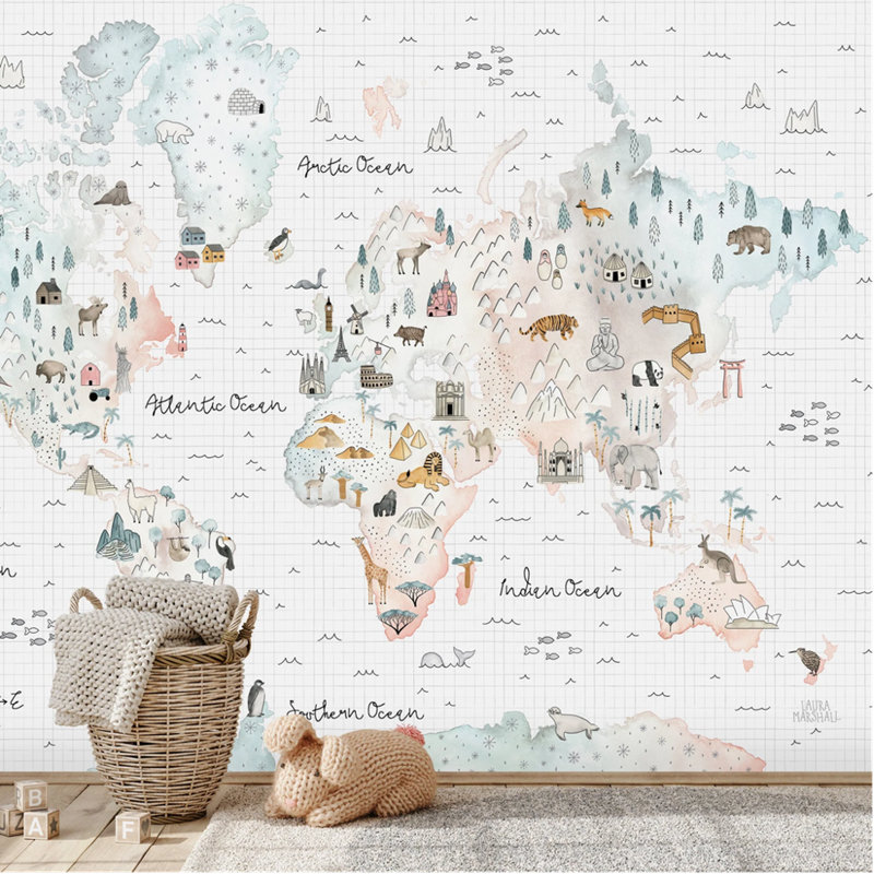 Papier peint doux carte du monde avec petits animaux et repères célèbres, L 98,04 po x l 150 po