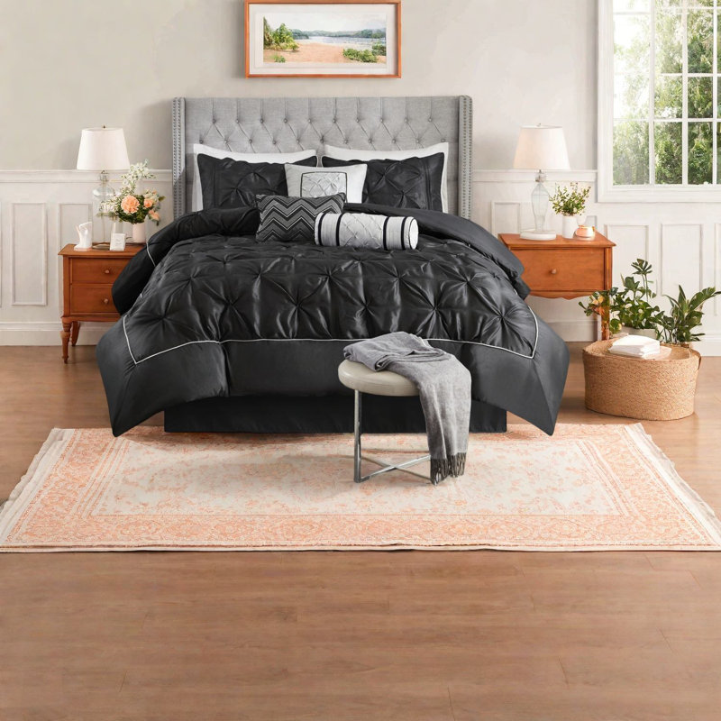 Elegant Black Polyester Bedding Set, Tufted Cal King 7-piece For Home