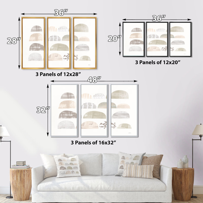 Ensemble géométrique géométrique neutre en forme de V - Shabby Elegance, ensemble de 3 toiles encadrées, Cadre brun