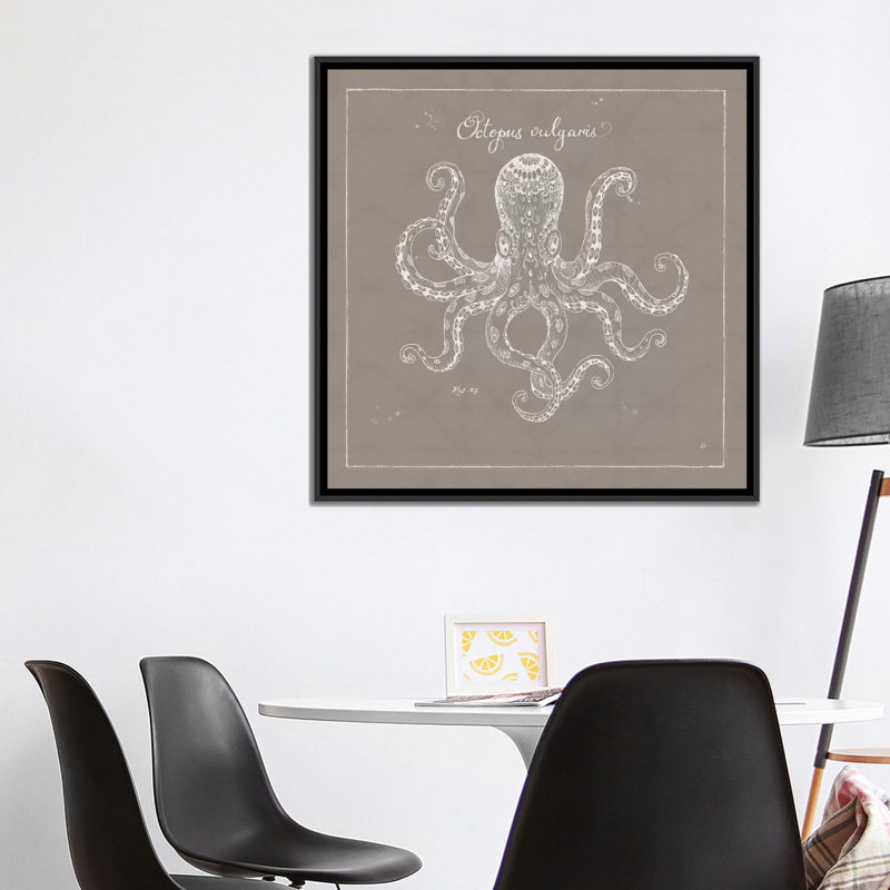«Underwater Life in Greige X», impression sur toile, H 26 po x l 26 po x P 1,5 po, Toile avec cadre noir, Pas de tapis