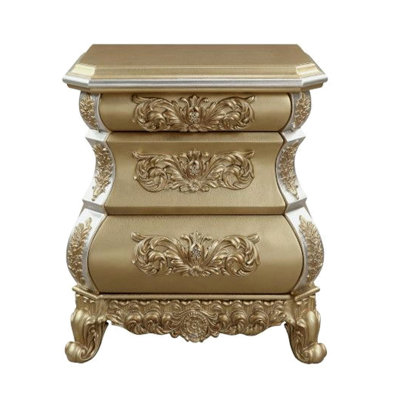 Table de chevet de chambre à coucher en tout doré, 3 tiroirs avec tiroir doublé de feutre pour la commodité de la résine au fini doré et glissière à fermeture automatique
