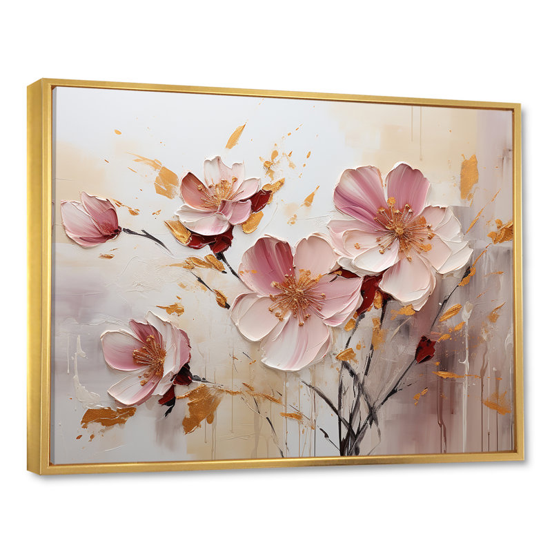 Rose et beige, fleur noire, vague fusion - impressions d'art murales florales, Cadre flottant doré, H 12 po x l 20 po