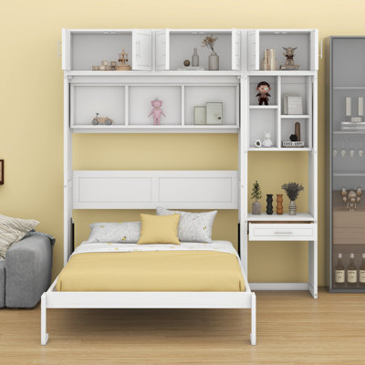 Wall Murphy Bed With Desk,Top Cabinet And Storage Shelves,Space Saving Foldable Bed