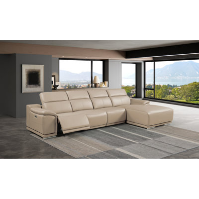 Canapé modulaire en L de 4 pièces DivanItalia crème en cuir italien de qualité supérieure avec 1 fauteuil inclinable électrique et appuis-tête réglables
