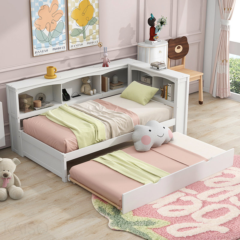 Lit de jour simple en blanc avec lit gigogne et rangement - Fabrication en bois et ports de chargement, Blanc