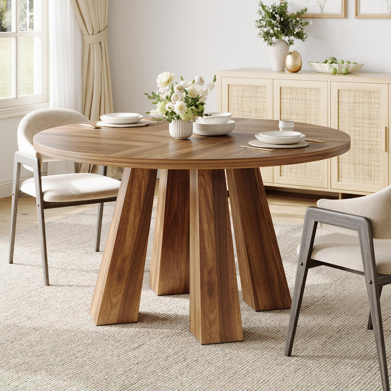Round Dining Table for 4, Farmhouse Kitchen Table with Sturdy Pedestal for Dining Room, Kitchen, or Living Room, Brown