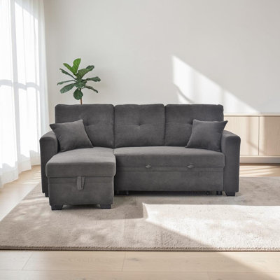 71" L-Shaped Sectional Sleeper Sofa with Pull-Out Bed, Reversible Chaise with Storage, for Living Room