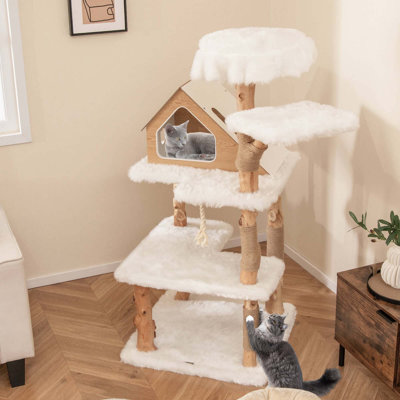 60" Tall Solid Wood Cat Tree With 2 Perches Condo Jute Scratching Posts Sisal Rope