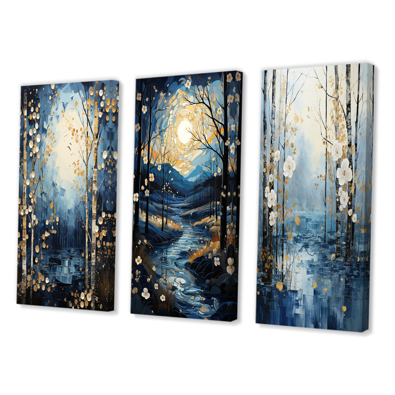Birch Woods Moonlit Symphony - ensemble de 3 pièces d'art floral, Toile tendue, H 32 po x l 48 po