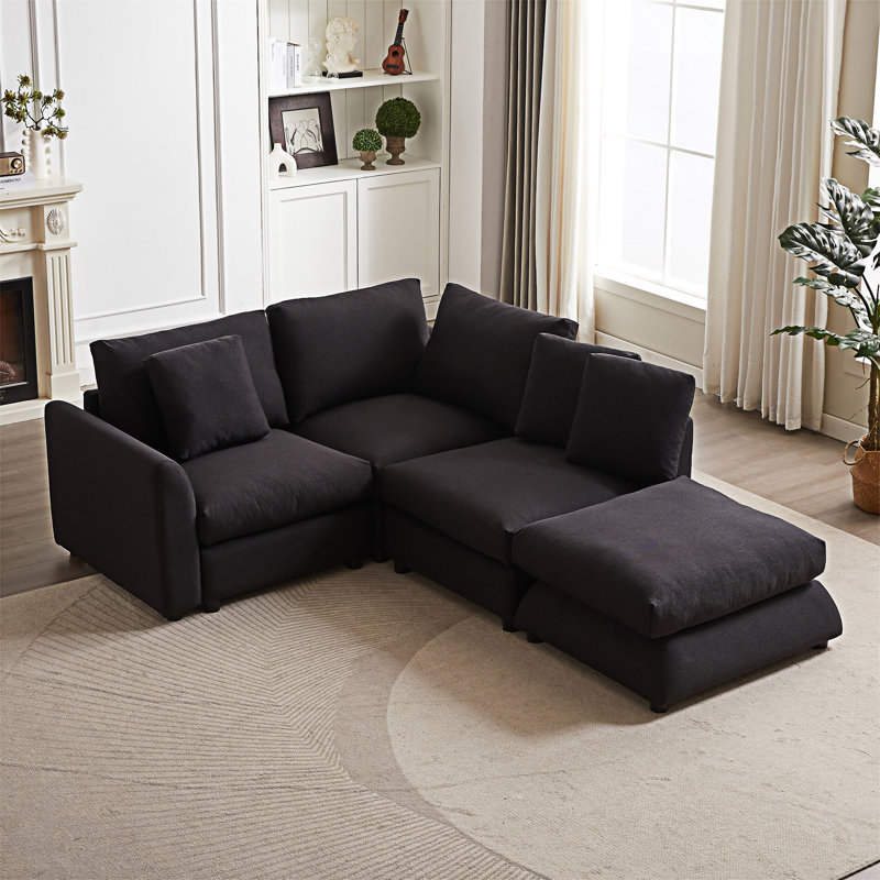 Modular Sofa With Ottoman And Three Pillows, Black Fabric