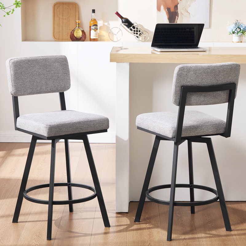 Bronson 26.6" Industrial Swivel Counter Stool with Rectangular Back and Metal Frame, Gray
