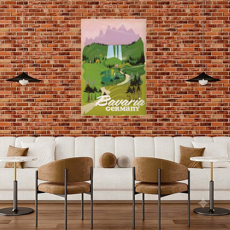 Affiche murale représentant une cascade de montagne bavaroise, un paysage forestier paisible et serein au style rétro.