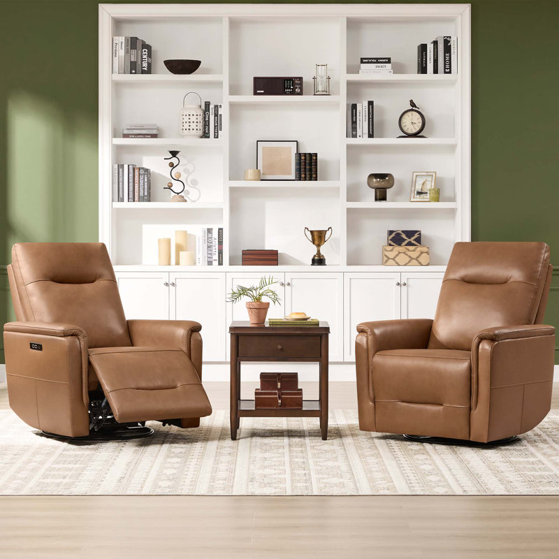 Top Grain Leather Dual Motor Swivel Glider Power Recliner with Power Headrest , Beige Top Grain Leather