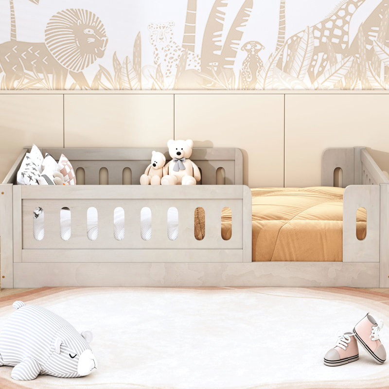 Natural Twin Platform Bed With Guardrail - Build In Wood And Safe For, Natural
