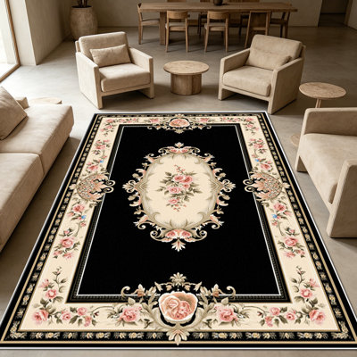 Tapis à bordure rose rétro de 1 pièce, élégant tapis décoratif polyvalent, facile à nettoyer et à entretenir, pièce de mobilier idéale pour la chambre à coucher, le salon, le couloir, le vestibule, le dortoir et le bureau afin de rafraîchir l'ambiance intérieure de votre maison