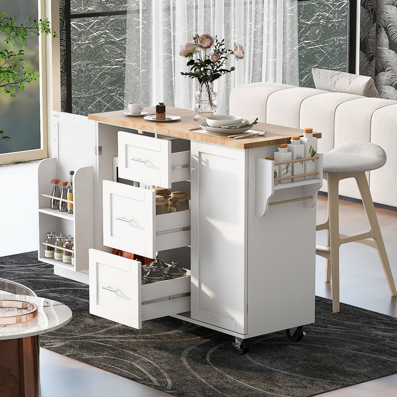 K&K Rolling Kitchen Island With Storage, White