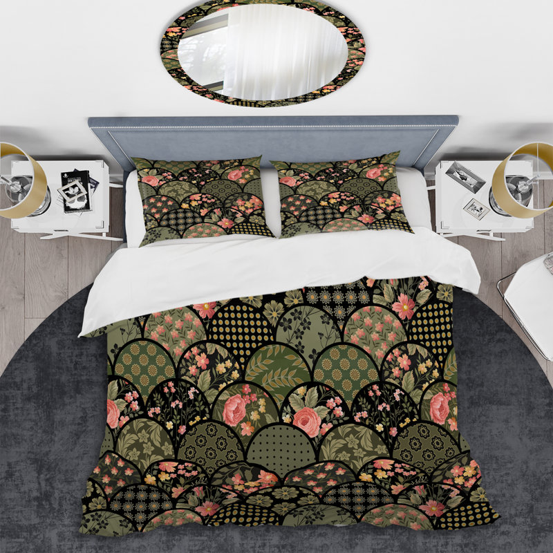 Ensemble de housse de couette en microfibre vert foncé / rose / noir, Housse de couette pour très grand lit et 2 très