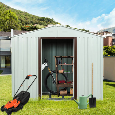 Remise extérieure en métal de 6 pi x 5 pi en blanc - Structure en fer galvanisé pour la robustesse, panneaux, ventilation perforée, porte coulissante avec cadenas, structure de plan de montage facile, évents de circulation d'air, guide