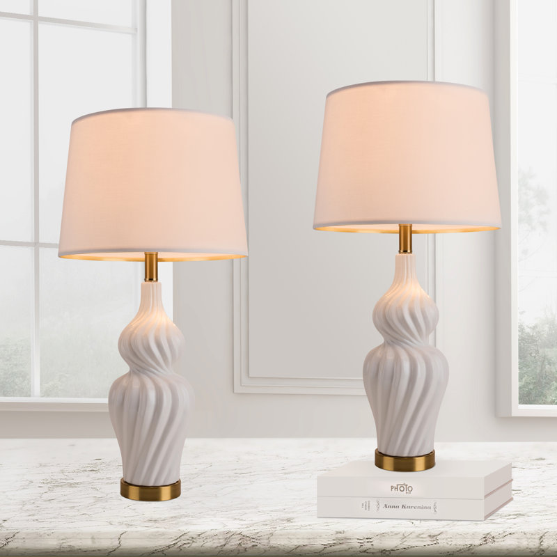 Set of 2 White Ceramic Bedside Lamps with Linen Drum Shades