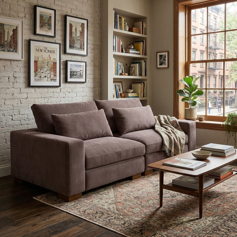 Kitson 89'' Recessed Arms Modular Sofa, Chocolate Corduroy